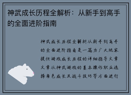 神武成长历程全解析：从新手到高手的全面进阶指南